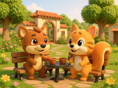 Dos vecinos animalitos conversando en un banco del parque